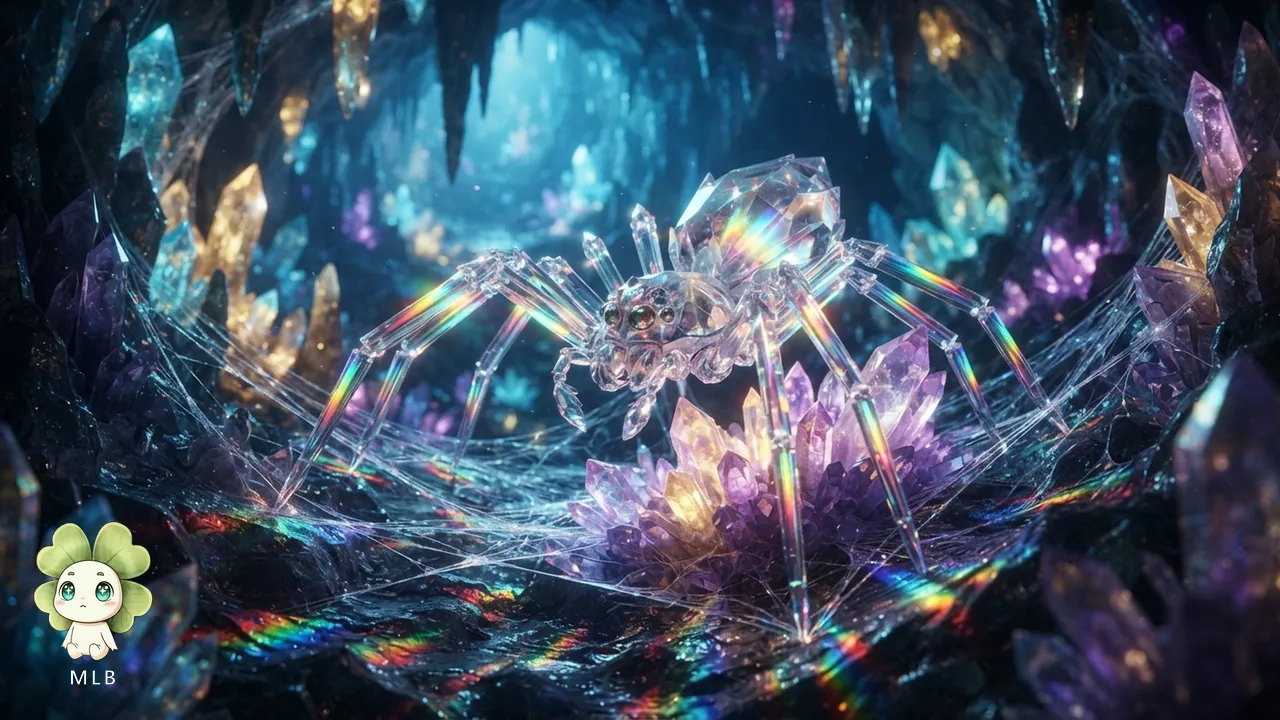 Araña Prismática tejiendo luz en una cueva del Reino de Cristal