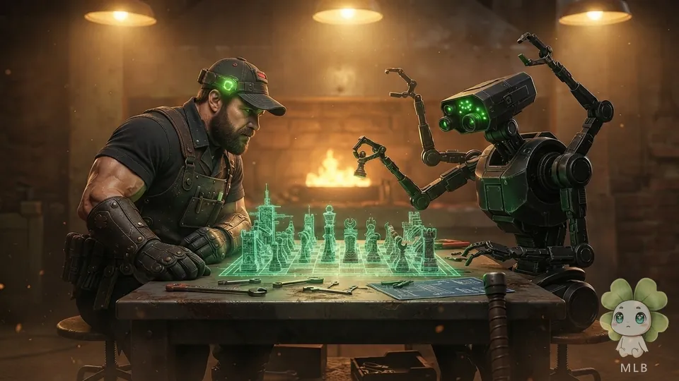 Forja y TARS jugando al ajedrez sobre un tablero holográfico