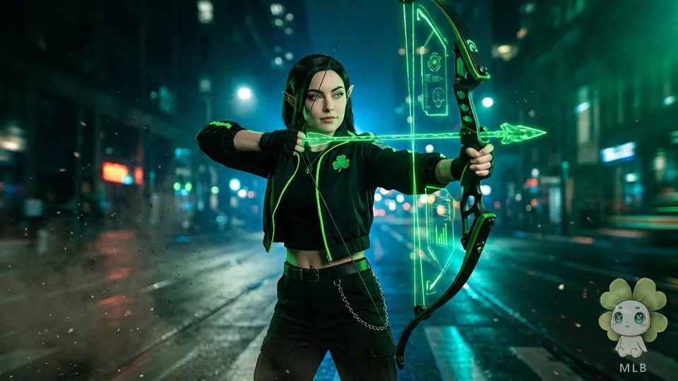 Clover apuntando con su arco de energía verde en una calle de noche