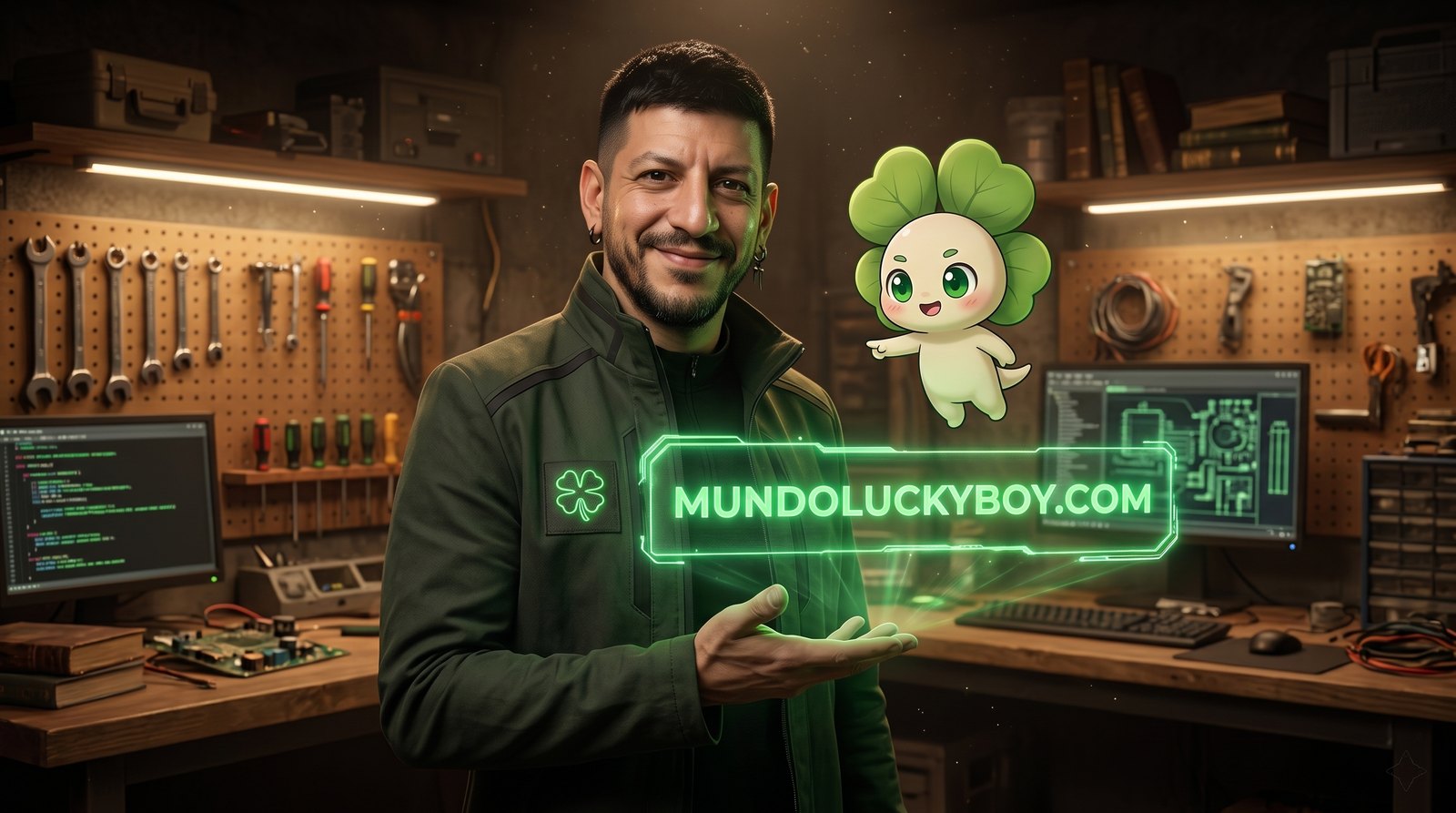 Héctor en el taller del estudio, con Lucky al lado