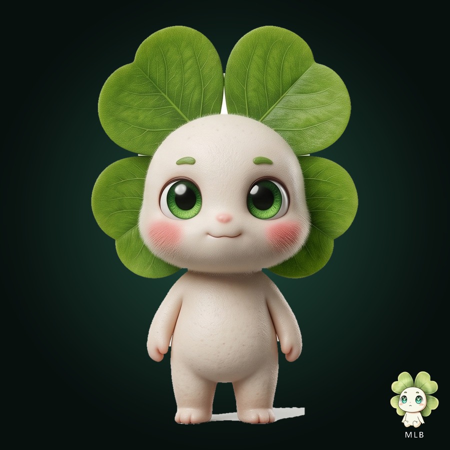 Lucky, el trébol de cuatro hojas: cuerpo blanco hueso, ojos verdes y mejillas rosadas