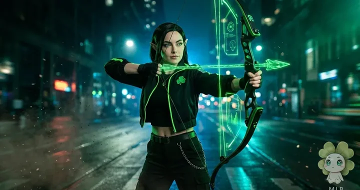 Clover apuntando con su arco de energía verde en una calle de noche