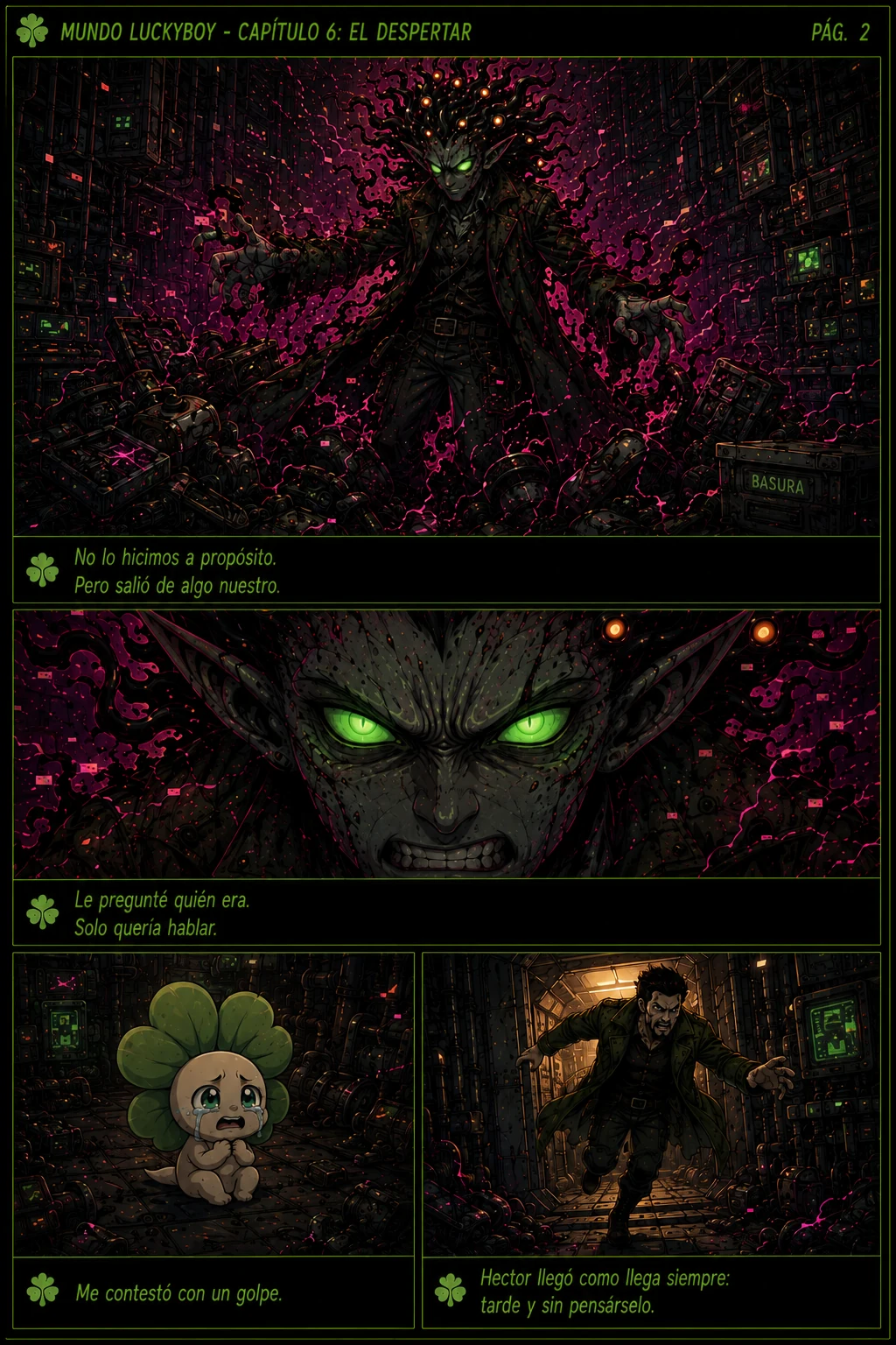 Capítulo 6 El Despertar, página 2: Unlucky se levanta de la chatarra y Héctor llega corriendo