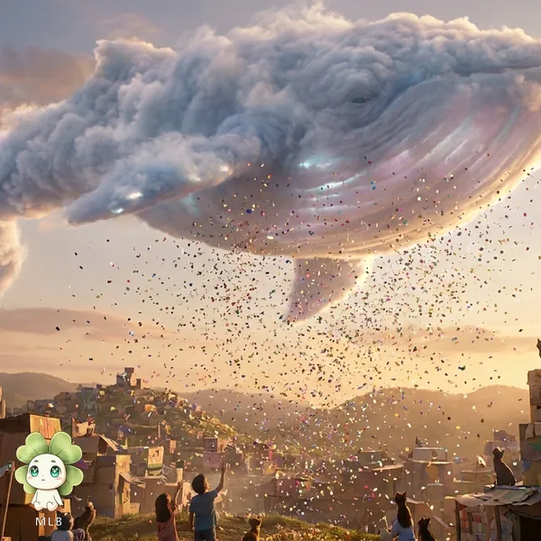 Ballena de Papel — La que trae fiesta. Suelta trocitos de dato en el aire y el pueblo entero sale a mirarla.