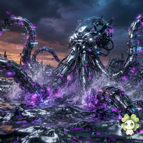 Kraken de Cromo — El Que Levanta la Ciudad. Sube del mar de mercurio y los rascacielos se doblan a su paso.
