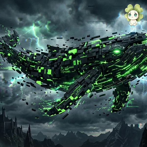 Ballena Corrupta — La Enferma. Fue la más grande de Glitchmar; ahora se le ve el error por dentro.
