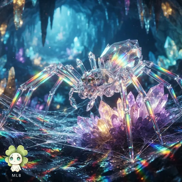 Araña de Prismalia — La Tejedora de Luz. Su tela no atrapa moscas: atrapa reflejos.