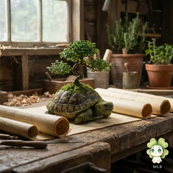 Tortuga Bonsái — La Jardinera Lenta. Lleva un bosque diminuto a cuestas y tarda una vida en cruzar el taller.