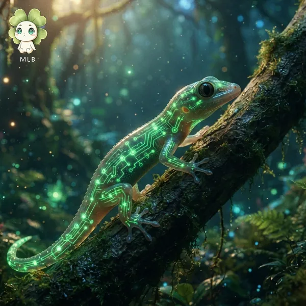 Gecko de Enredadera — El Trepador. Sube por los cables vivos y se queda quieto durante días, mirando.