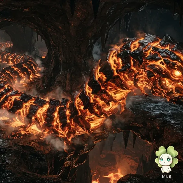 Gusano de Magma — El Túnel Vivo. Abre galerías bajo Vulkaria y por eso el suelo nunca está quieto.
